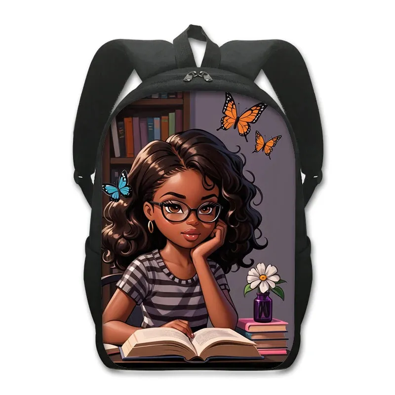 African American Teenager Girl Reading Book Print Backpack Afro Women School Bags