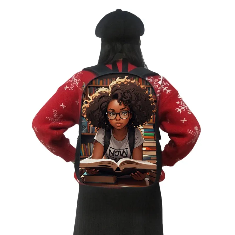 African American Teenager Girl Reading Book Print Backpack Afro Women School Bags