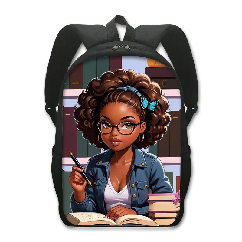 African American Teenager Girl Reading Book Print Backpack Afro Women School Bags