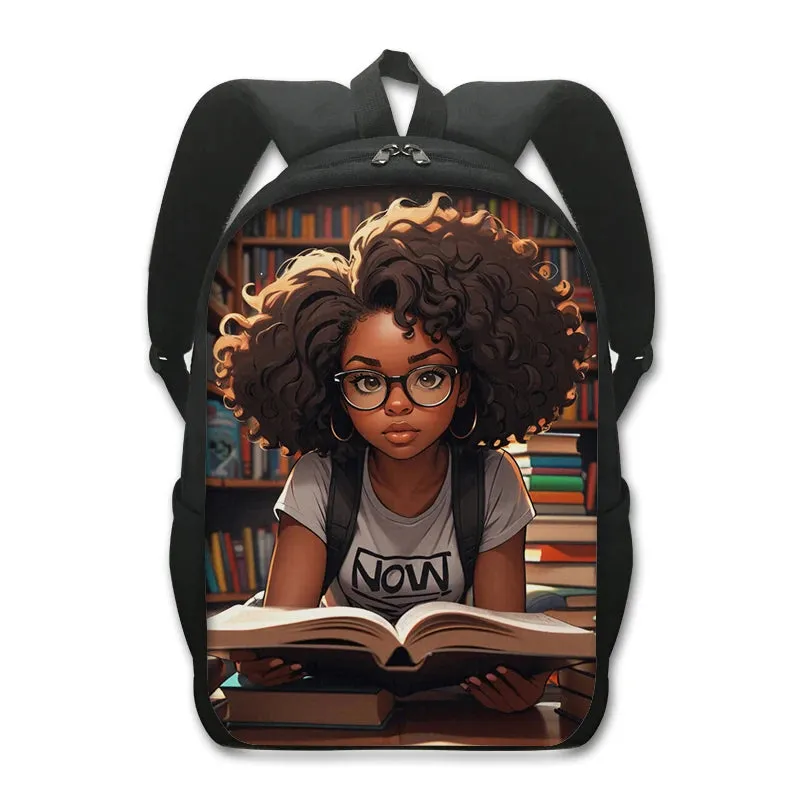 African American Teenager Girl Reading Book Print Backpack Afro Women School Bags