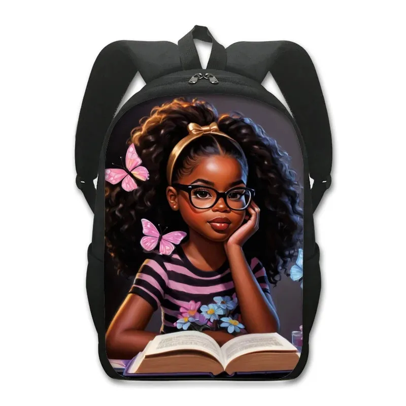 African American Teenager Girl Reading Book Print Backpack Afro Women School Bags