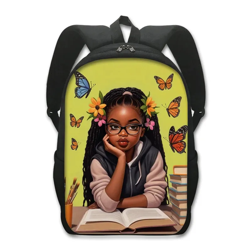 African American Teenager Girl Reading Book Print Backpack Afro Women School Bags