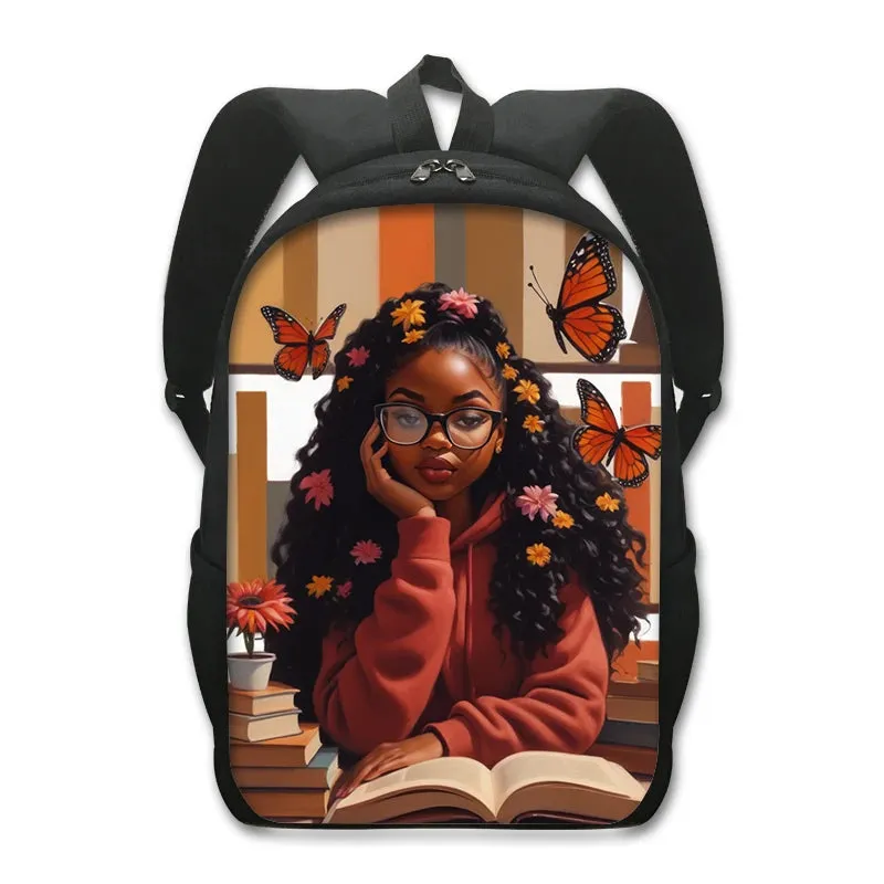 African American Teenager Girl Reading Book Print Backpack Afro Women School Bags