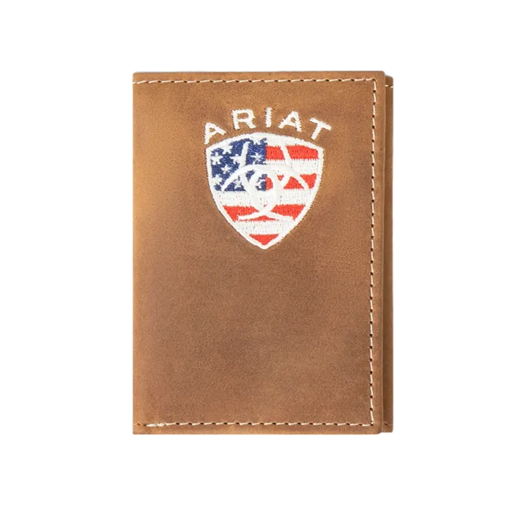 Ariat American Flag Embroidered Aged Bark Trifold Wallet A35548217