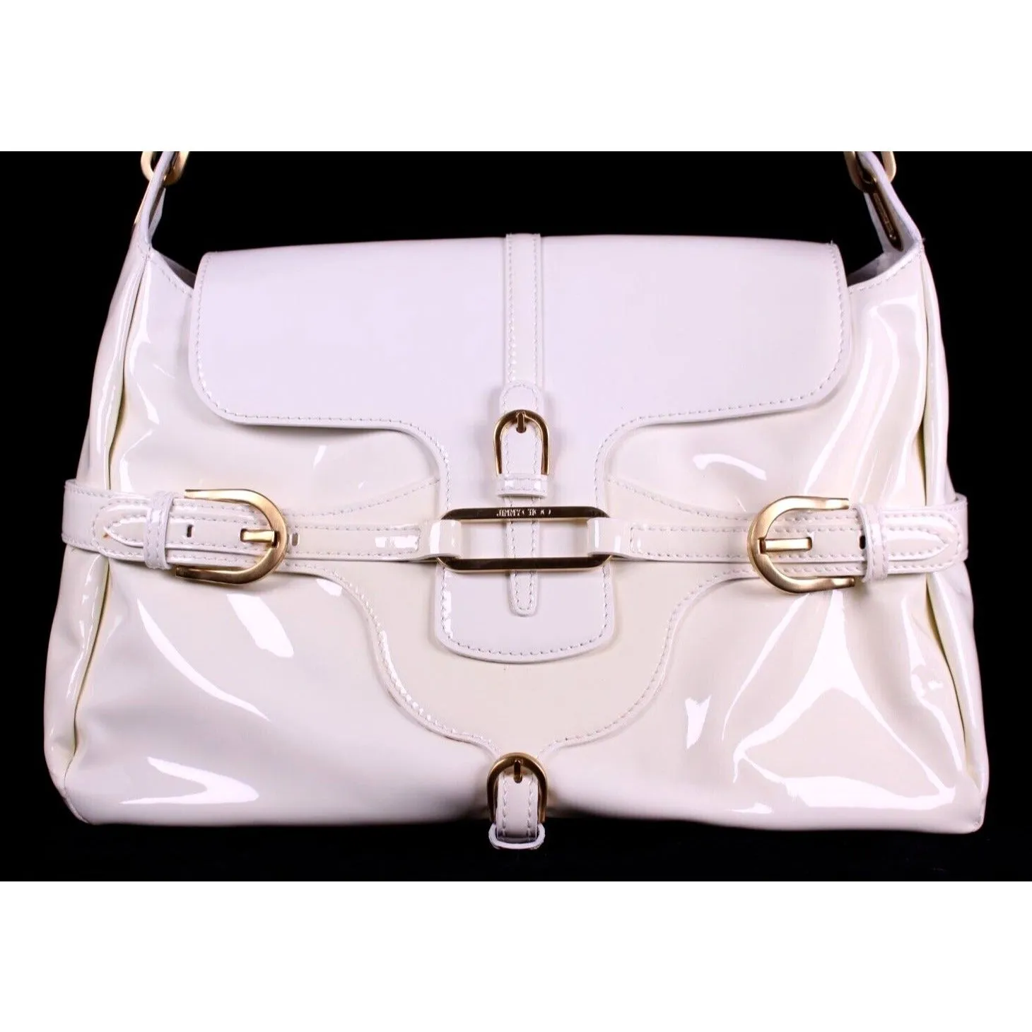 Jimmy Choo pale yellow glossy leather shoulder bag with gold hardware & belted sides