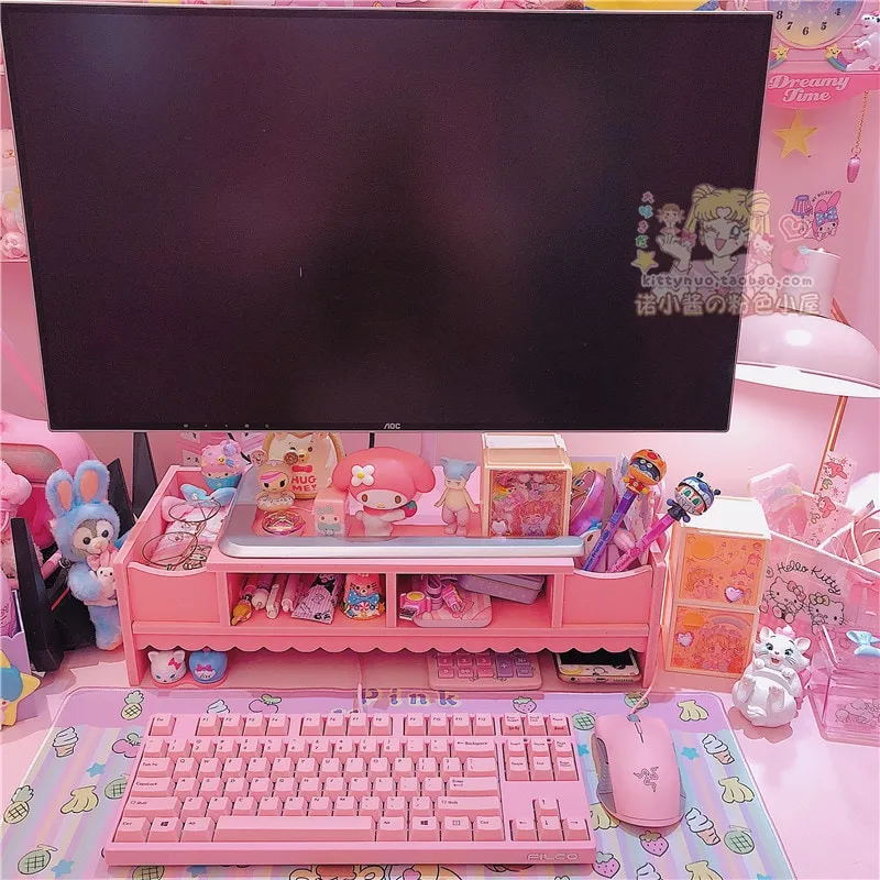 Kawaii Pink Laptop Wood Shelf Desk Organiser