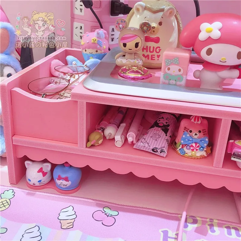 Kawaii Pink Laptop Wood Shelf Desk Organiser