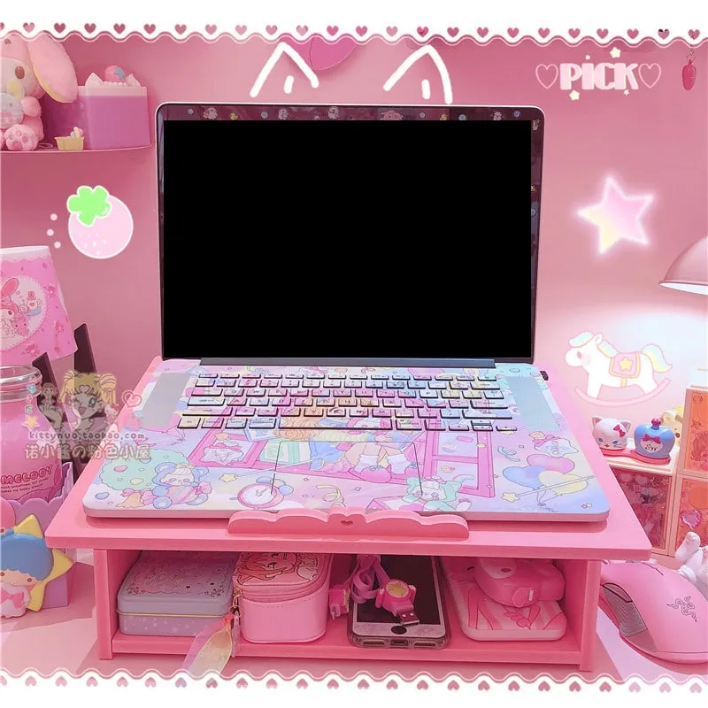 Kawaii Pink Laptop Wood Shelf Desk Organiser