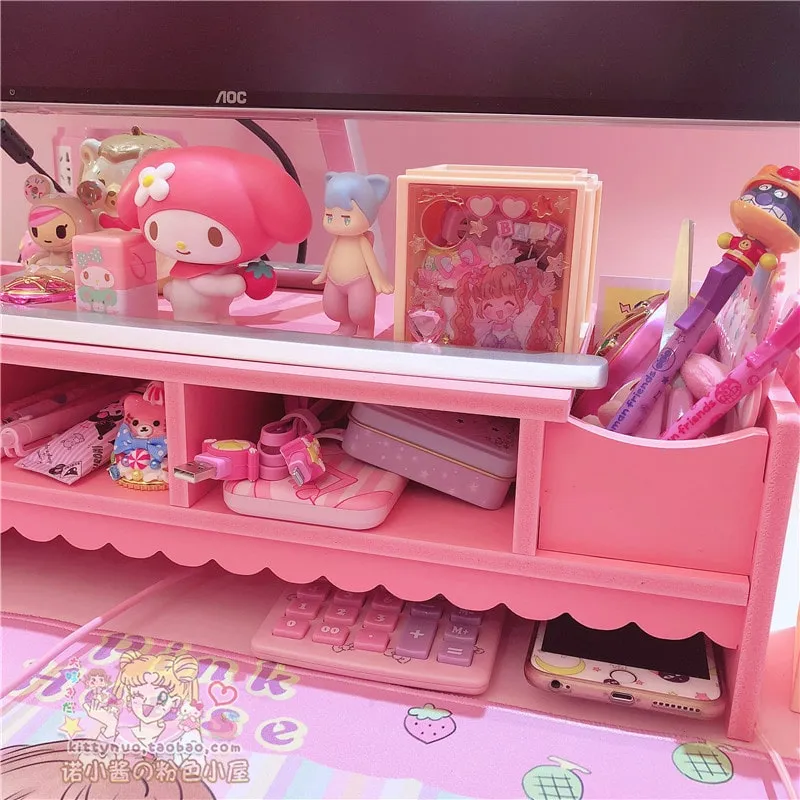 Kawaii Pink Laptop Wood Shelf Desk Organiser